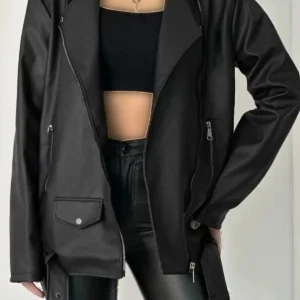 کاپشن چرم زنانه مشکی الورا با طراحی آزاد و طول بلند، فصل جدید - 11851