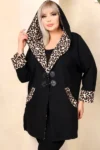 کاپشن بلند کلاهدار با یقه برگشتی و طرح پلنگی و جیب دار - 12511