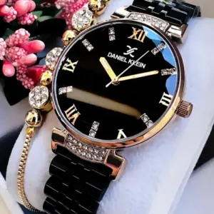 ساعت مچی زنانه با بند استیل مشکی، دارای شیشه‌ی برش خورده و ضد آب، هدیه‌ای با دستبند Dkby2012c5 - 12154