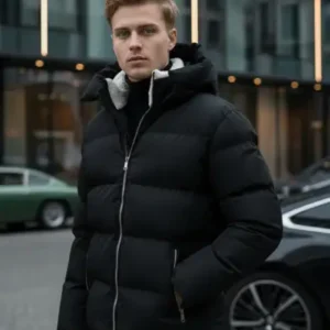 کاپشن مردانه مشکی زمستانی ضد آب و سرما با یقه خز دار پفی - 12279