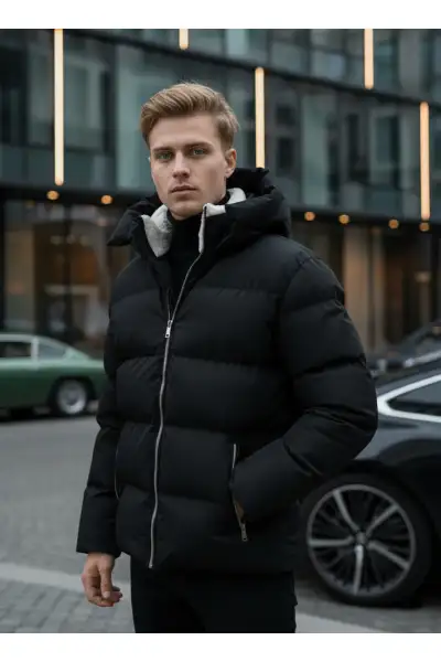 کاپشن مردانه مشکی زمستانی ضد آب و سرما با یقه خز دار پفی - 12279 کاپشن مردانه مشکی زمستانی ضد آب و سرما با یقه خز دار پفی - 12279