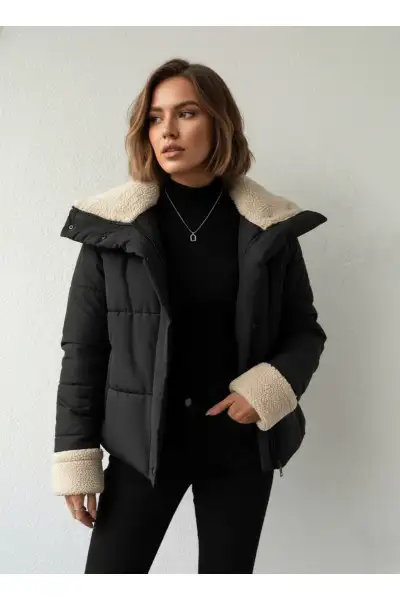 پالتوی شیشهای با جزئیات خز در یقه و آستینهای زنانه - 12601 پالتوی شیشهای با جزئیات خز در یقه و آستینهای زنانه - 12601