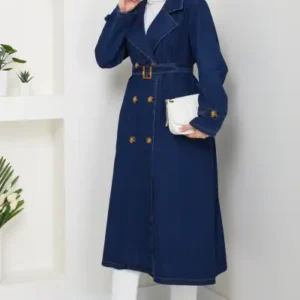 کت ترنچ زنانه با یقه کراوات و کمربند جین - 12564
