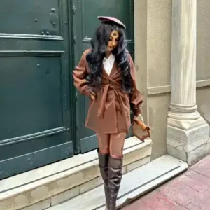 کاپشن زنانه با آستین بادکنکی و کمربند نخی - 12385