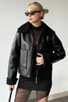 کاپشن بایکر زنانه مشکی با دو جیب و داخل پشمی مصنوعی - 11847