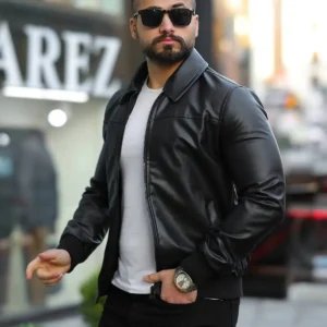 کت چرم با یقه پلیس و فیت اسلیم - 11915