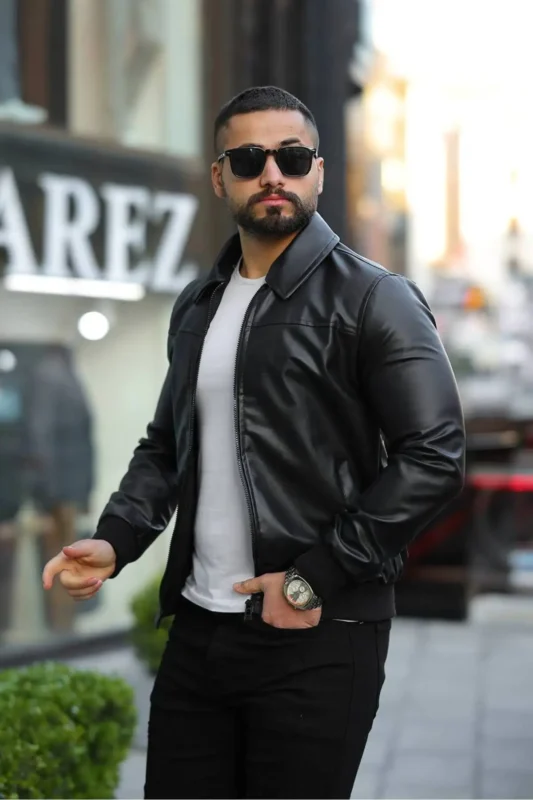 کت چرم با یقه پلیس و فیت اسلیم - 11915