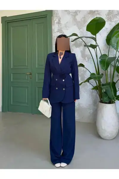 کت و شلوار پَلوцо با جزئیات کمربند گلدار زنانه - 12416