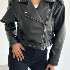 کاپشن چرم بایکِر مشکی بزرگ اندازه فصل جدید - 11827