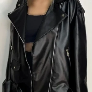 جاکت چرمی سیاه زنانه الورا فصل جدید به صورت اورسایز - 11844