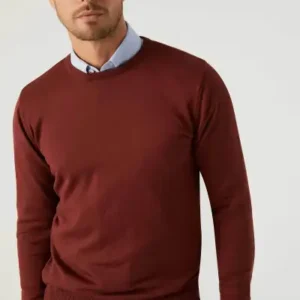 کاپشن بافتنی یقه گرد از جنس پنبه، فیت معمولی، به رنگ آجر، بدون پرز شدگی - 12925