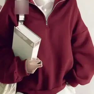 سوئیشرت زنانه یقه ایستاده با زیپ نیمه در رنگ بورگاندی - 12275