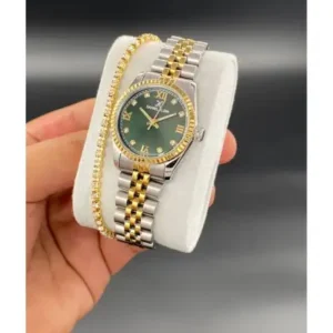 ساعت مچی زنانه با بند استیل، ضد آب تا عمق 3ATM، رنگ طلایی، نقره‌ای و سبز - 12128