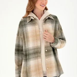 شومیز زنانه خاکی با آستین بلند 50297439-VR027 - 11804