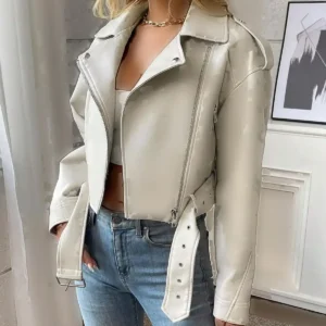 کت چرم بایکر اورسایز کمربنددار - 11882