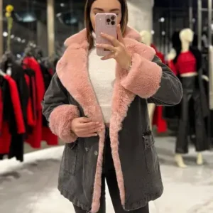 جین ساگی، کاپشن کتان بلند لکسا با آستری پشمی، کاپشن زنانه کتان با پشم - 13125