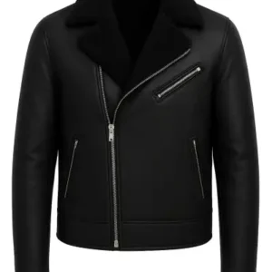 کاپشن چرمی مردانه با زیپ عرضی و داخل پشمی، با کیفیت عالی و طراحی اسلیم فیت، رنگ مشکی. - 13268