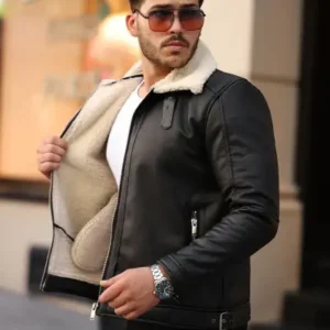 کت و ژاکت نیمه‌چرم ناپا مردانه با داخل پُر از خز با کیفیت بالا و مدل باریک در رنگ سیاه و کرم - 13265