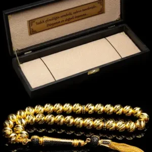 تسبیح نقره‌ای طلای 24 عیار روکش شده با گواهی، با اندازه دانه‌های 7.5 میلی‌متر و وزن 30 گرم، با برش کروی - 13336