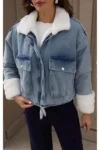 ژاکت جین زنانه با یقه خز سفید - 13121