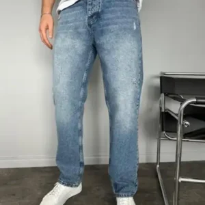 جین فاق بلند آبی رنگ تیره با طراحی کاملاً شسته شده و پارگی - 13371