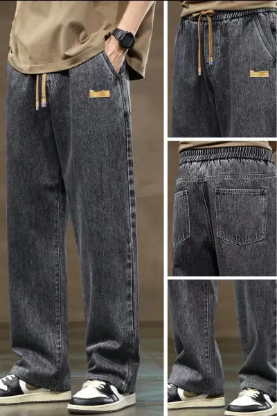 شلوار جین مردانه با کمر کشی و بند ترک شلوار جین مردانه با کمر کشی و بند ترک