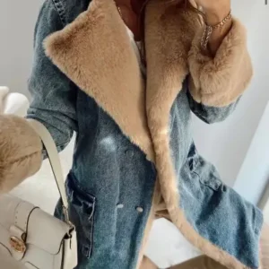 کاپشن جین زنانه با آستر قهوه‌ای و خز آبی - 13128