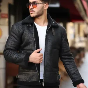 کت و کاپشن مشکی مردانه با کمر تنگ و کیفیت بالا، از چرم ناپا و کاملاً پشمی داخل. - 13272