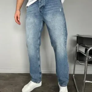 شلوار جین فاق بلند آبی رنگ تیره با طراحی کاملاً شسته ترک