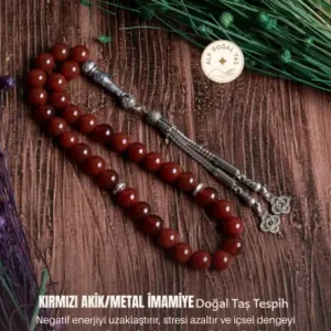 تسبیح متال با دانه‌های سنگ طبیعی عقیق قرمز (۸ میلی‌متر) و گواهی اصالت