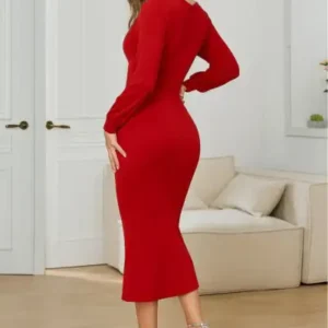 پیراهن بلند کمر V با سنگ‌های زینتی - زنانه، بلند با آستین‌های بلند و جزئیات چاک - 13366