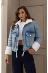 ژاکت جین زنانه ترک با یقه خز سفید