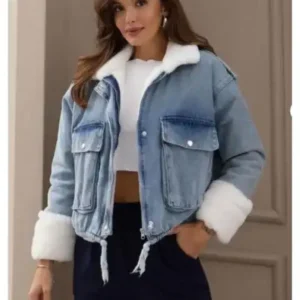 ژاکت جین زنانه ترک با یقه خز سفید