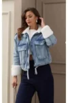 ژاکت جین زنانه با یقه خز سفید - 13121