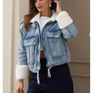 ژاکت جین زنانه با یقه خز سفید - 13121