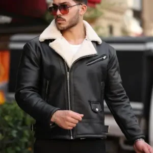 کاپشن و کت مردانه چرم Napa با زیپ متقاطع و داخل پر از پشم در کیفیت بالا، با طراحی باریک در رنگ سیاه و کرم - 13270