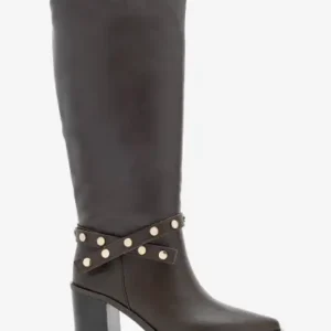 چکمه پاشنه‌دار با نوک تیز زنانه، بدون زیپ و با بند و تزئینات میخکوب، رنگ قهوه‌ای فوسلپ - 13168