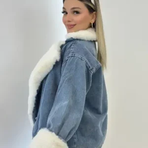 کاپشن زنانه جین با دکمه و خز سفید - 13112