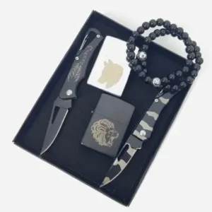 ست هدیه ۶ تکه برای دوستان و عزیزان شامل ۲ چاقوی جیبی، ۲ دستبند با امکان شخصی‌سازی نام، و ۲ فندک بنزینی - 13553