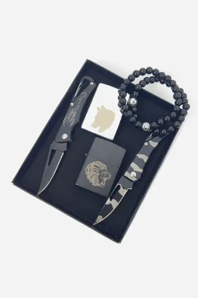 ست هدیه ۶ تکه برای دوستان و عزیزان شامل ۲ چاقوی جیبی، ۲ دستبند با امکان شخصی‌سازی نام، و ۲ فندک بنزینی - 13553