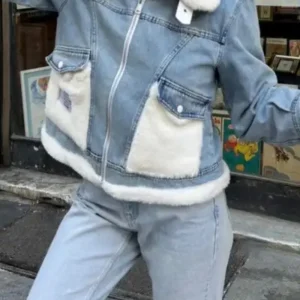 ژاکت جین با یقه زنانه و خز، زیپ دار و دارای جزئیات جیب - 13117