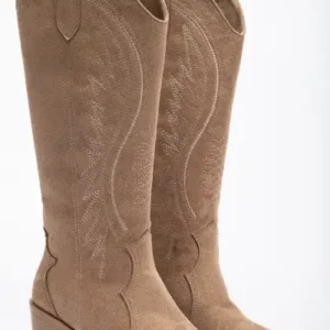 چکمه‌های وسترن کلاهی دوخته شده از جیر ملایم بژ کمرنگ - 13160