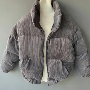 ژاکت پفی یقه بالاک دار مخملی راه‌راه خاکستری - 13129