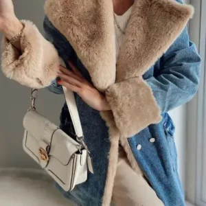 کاپشن جین زنانه با آستر قهوه‌ای و خز آبی - 13128