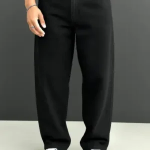 شلوار جین راحت فیت باگ مشکی بدون لاکرا