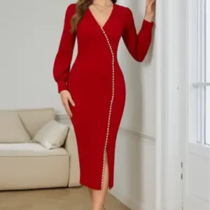 پیراهن بلند کمر V با سنگ‌های زینتی - زنانه، بلند با آستین‌های بلند و جزئیات چاک - 13366