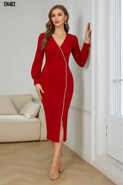 پیراهن بلند کمر V با سنگ‌های زینتی - زنانه، بلند با آستین‌های بلند و جزئیات چاک - 13366