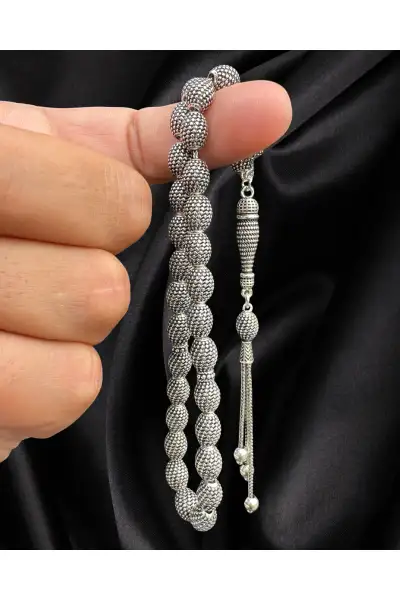 تسبیح با کار دست مدل دانه جو دوسر از نقره 925 عیار - 13530