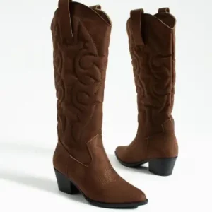 چکمه زنانه با نوک تیز و پاشنه بلند و سبک وسترن - قهوه‌ای - 13167