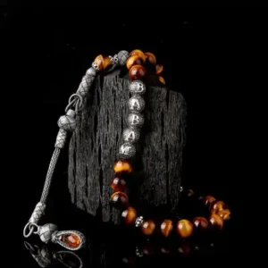 تسبیح چشم ببر طبیعی اورجینال کاواز 1000 عیار نقره با طراحی خاص، با نام شخصی. - 13335